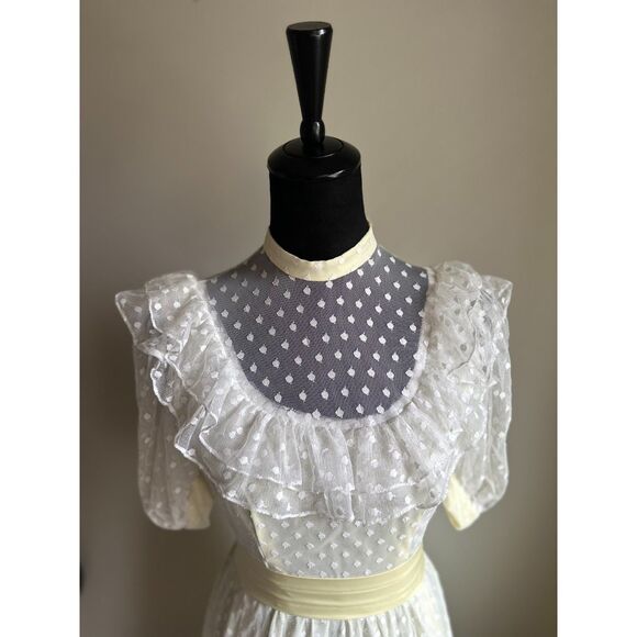 VINTAGE Women's Ruffle Butter Yellow Polka Dot High Neck Maxi Prom Dress Size S - Picture 4 of 8